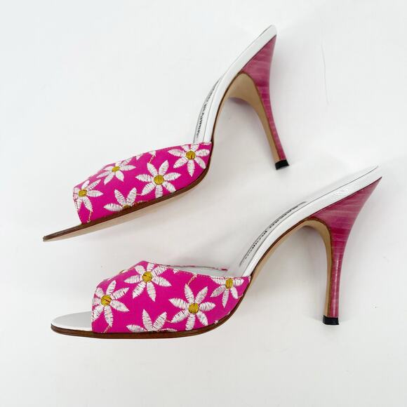 Manolo Blahnik Vintage y2k Pink White Daisy Floral Open Toe Mule Sandal IT 38 - Picture 5 of 13